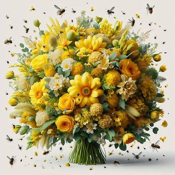Blumenstrauß aus gelben Blumen mit Insekten von Digital Art Nederland