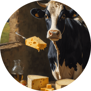 Een surrealistische portret van een koe en een stilleven met kaas van Jolique Arte