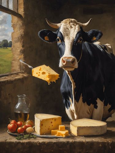 Een surrealistische portret van een koe en een stilleven met kaas