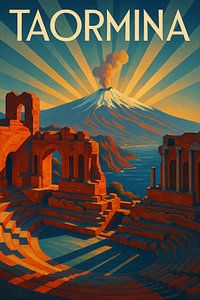 Taormina Art Deco Poster - Blick auf den Ätna mit antiken Ruinen