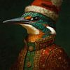 Kerstportret van een ijsvogel in rijk gedecoreerde kleding en rode kerstmuts van But First Framing