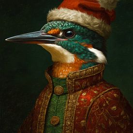 Portrait de Noël d'un martin-pêcheur en robe richement décorée et chapeau de Père Noël rouge sur But First Framing