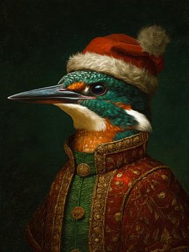 Christmas portrait of a kingfisher in richly decorated dress and red Santa hat by But First Framing