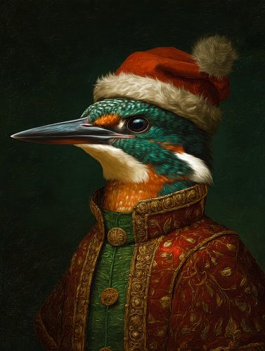 Kerstportret van een ijsvogel in rijk gedecoreerde kleding en rode kerstmuts van But First Framing