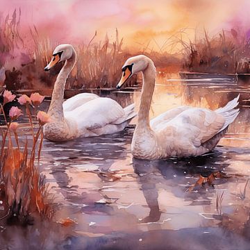 The swans swim side by side. by Karina Brouwer