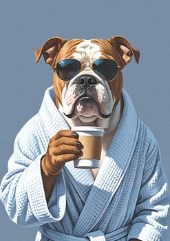 Bulldogge am Morgen mit Coffee-to-go