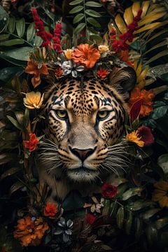 Tiger surrounded by flowers by Digitale Schilderijen