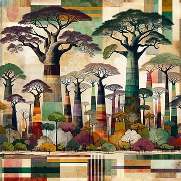 Collage door de bomen het geruite Afrikaanse bos van Lois Diallo