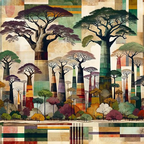 Collage door de bomen het geruite Afrikaanse bos