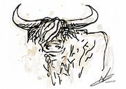 Modern schilderij van schotse hooglander. Kunst in het genre modern nieuw landelijk.  van Emiel de Lange thumbnail
