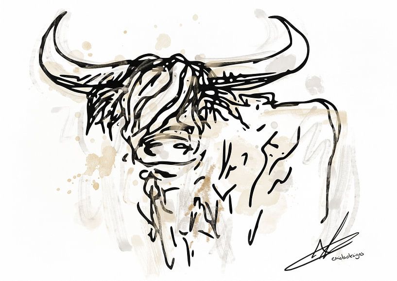 Modern schilderij van schotse hooglander. Kunst in het genre modern nieuw landelijk.  van Emiel de Lange