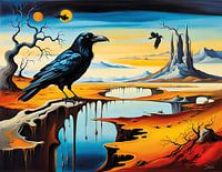 Raaf in surrealistisch landschap Dalí Stijl