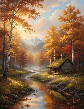 Rustic Cabin Among Autumn Leaves