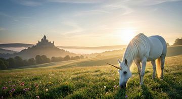Eenhoorn in weiland met ver kasteel bij zonsopgang van Markus Gann