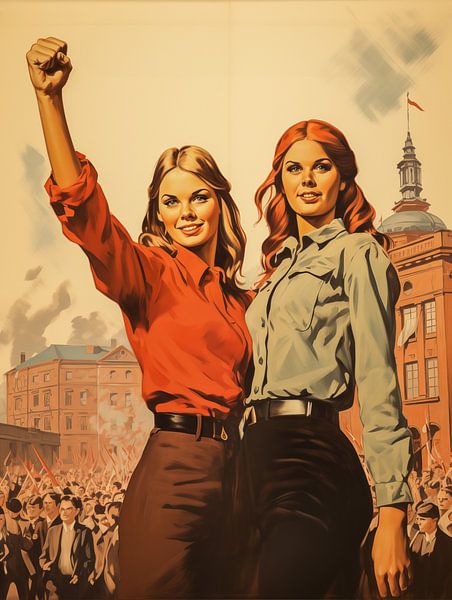 Jeunes filles soviétiques des années 60 sur affiche publicitaire rétro Design vertical par Animaflora PicsStock