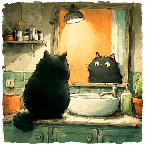 Zwarte kat in de badkamer - Gedachten voor de spiegel