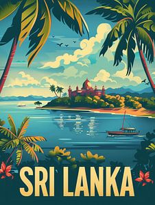 Le paradis du Sri Lanka : Island Palace &amp ; Palms Vintage Poster
