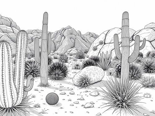 Zwart-wit lijntekeningen van een levendig Sonora-woestijnlandschap