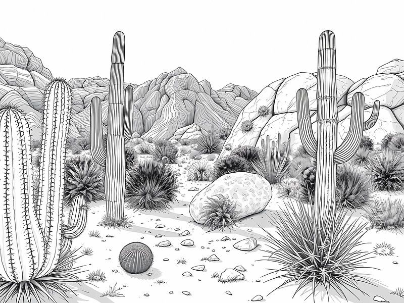 Dessin au trait en noir et blanc représentant un paysage vibrant du désert de Sonoran par Artistic