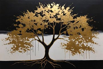 Gouden boom tegen nachtelijke hemel van De Muurdecoratie