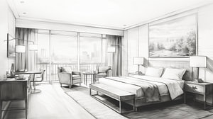 Raumplanung im Hotel, Zeichnung, Hotelzimmer-Bleistiftzeichnung im Vintage-Stil