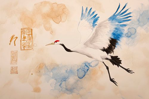 Kraanvogel in vlucht - aquarelkunst