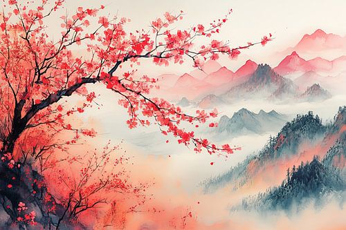 schilderachtige japanse kunst bloesem landschap