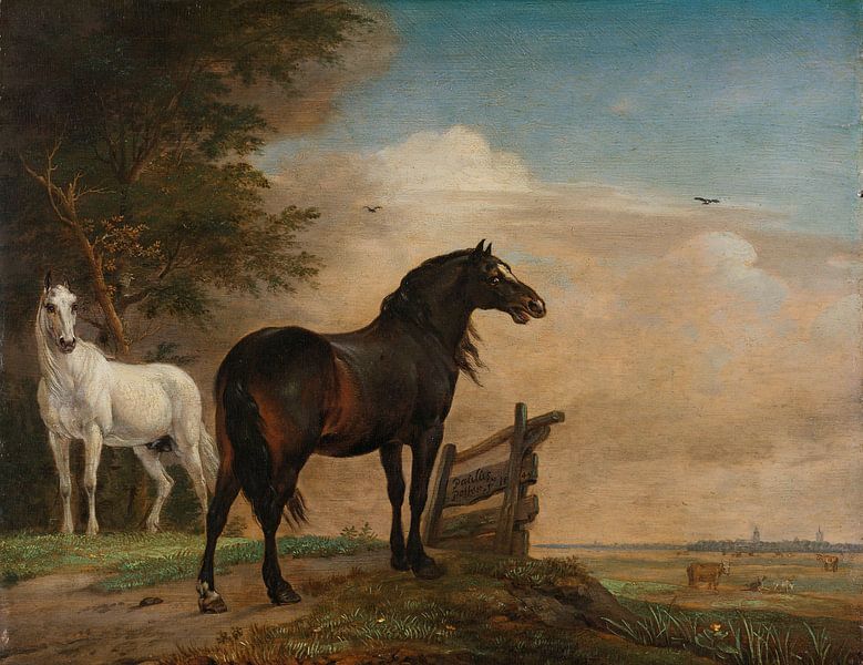 Zwei Pferde auf der Weide an einem Zaun, Paulus Potter von Meisterhafte Meister