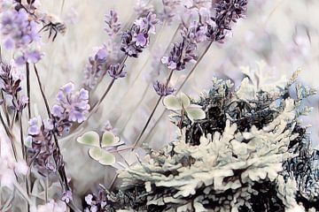 Lavender clover and fir watercolor by Patricia Piotrak