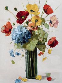 Peinture représentant un bouquet de fleurs aux couleurs vives dans un vase
