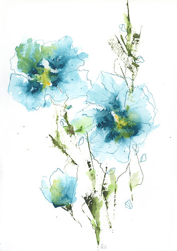 Un monde onirique en bleu, aquarelle réalisée à la main sur AnkieArt