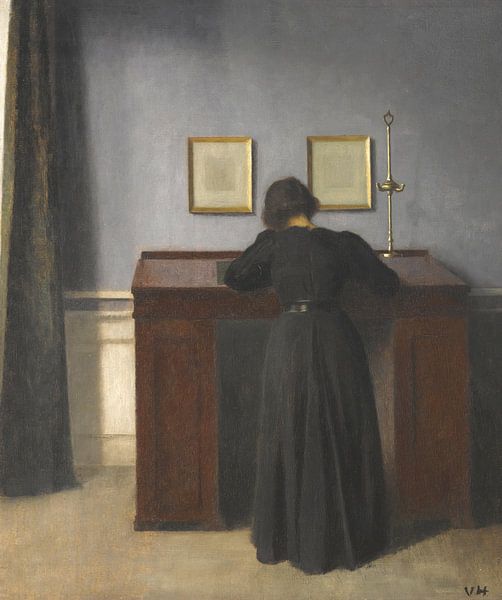 Ida stehend am Schreibtisch, Vilhelm Hammershøi von Meisterhafte Meister