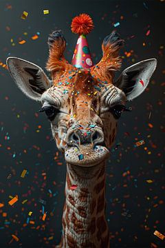 Grappige giraffe viert jaren 60 70 disco verjaardag met taart van Poster Art Shop