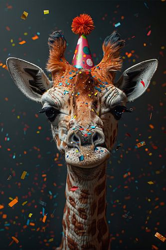 Grappige giraffe viert jaren 60 70 disco verjaardag met taart