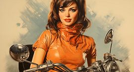 Vintage Werbung 60er Poster Style Frau auf einem Motorrad in oranger Latexkleidung