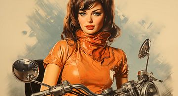 Vintage reclame 60s poster stijl vrouw op een motor in oranje latex kleding van Animaflora PicsStock