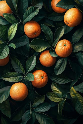 Tangerines in deep green leaves