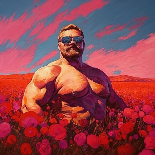 Bodybuilder in het papaverveld