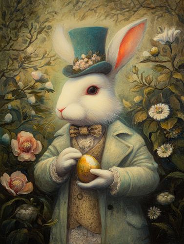 White hare with top hat in fairy tale style by But First Framing