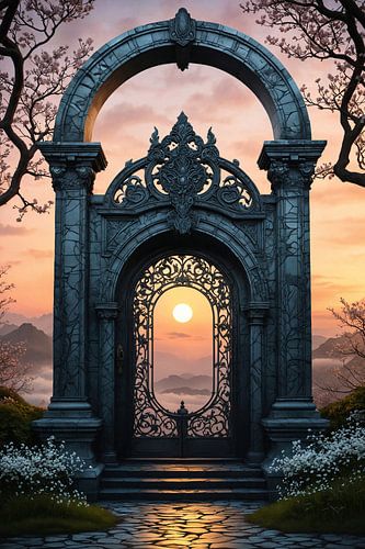 Ancient ornate stone gate framing setting sun above the clouds