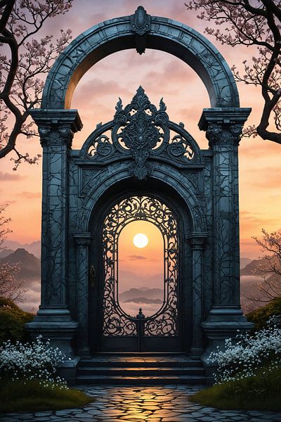 Ancienne porte en pierre ornée encadrant le soleil couchant au-dessus des nuages par Markus Gann
