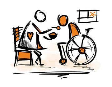 Bejaardenverzorger, verpleegster voedt de bewoner/cliënt. Persoon in een rolstoel. van SergeivoArt