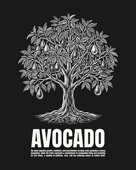 Minimalistisches Avocado-Baum-Poster im Strichzeichnungsstil – Schwarze Ausgabe