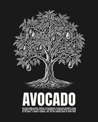 Minimalistisches Avocado-Baum-Poster im Strichzeichnungsstil – Schwarze Ausgabe