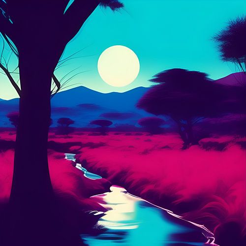 Fantasie landschap met maan en bergen