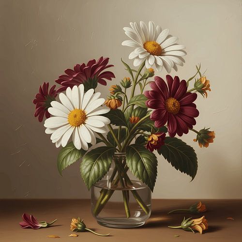 Elegante Stillleben-Illustration von weißen und burgunderroten Gänseblümchen in einer Vase