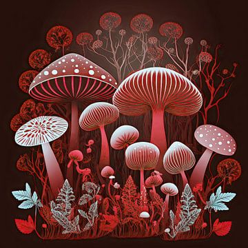 Rote Pilze im Nachtwald von Vlindertuin Art