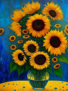 Een vaas met kleurrijke zonnebloemen van Retrotimes