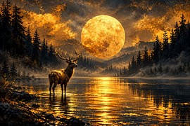 Painting: black and gold with the moon and a mountain valley by AiArtLand