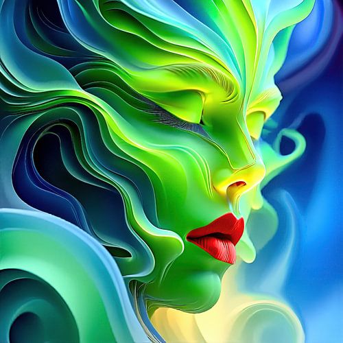 Het ontwakende mysterie van een vrouw - Een groen gezicht in uitwaaierende golven, met een rode mond en blauwe aura